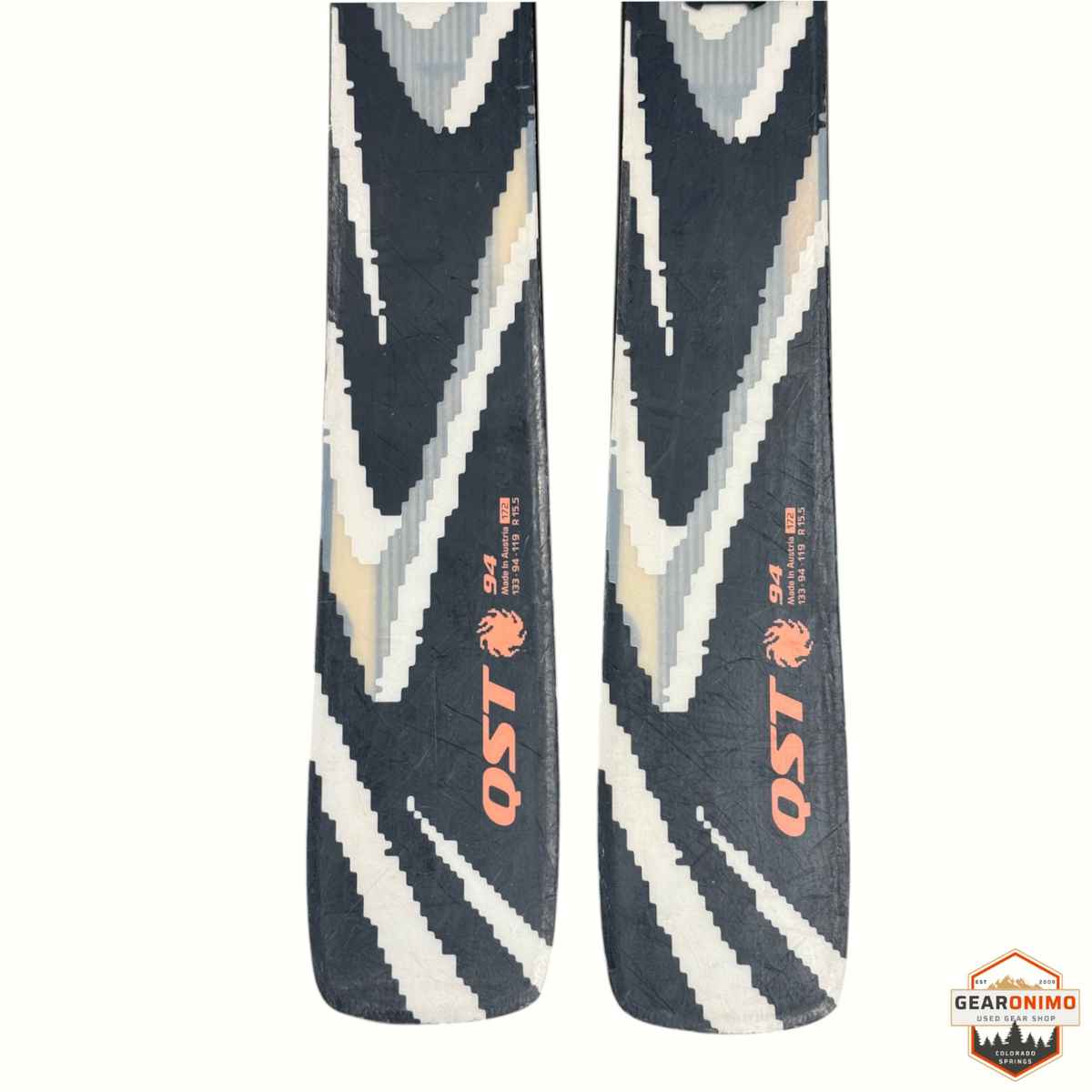 Gearonimo Sports Salomon QST 94 skis featuring a black and white geometric pattern and orange branding details