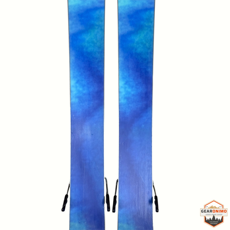 Gearonimo Sports K2 Mindbender 99ti skis with blue watercolor-style graphic topsheets and Salomon M11 bindings