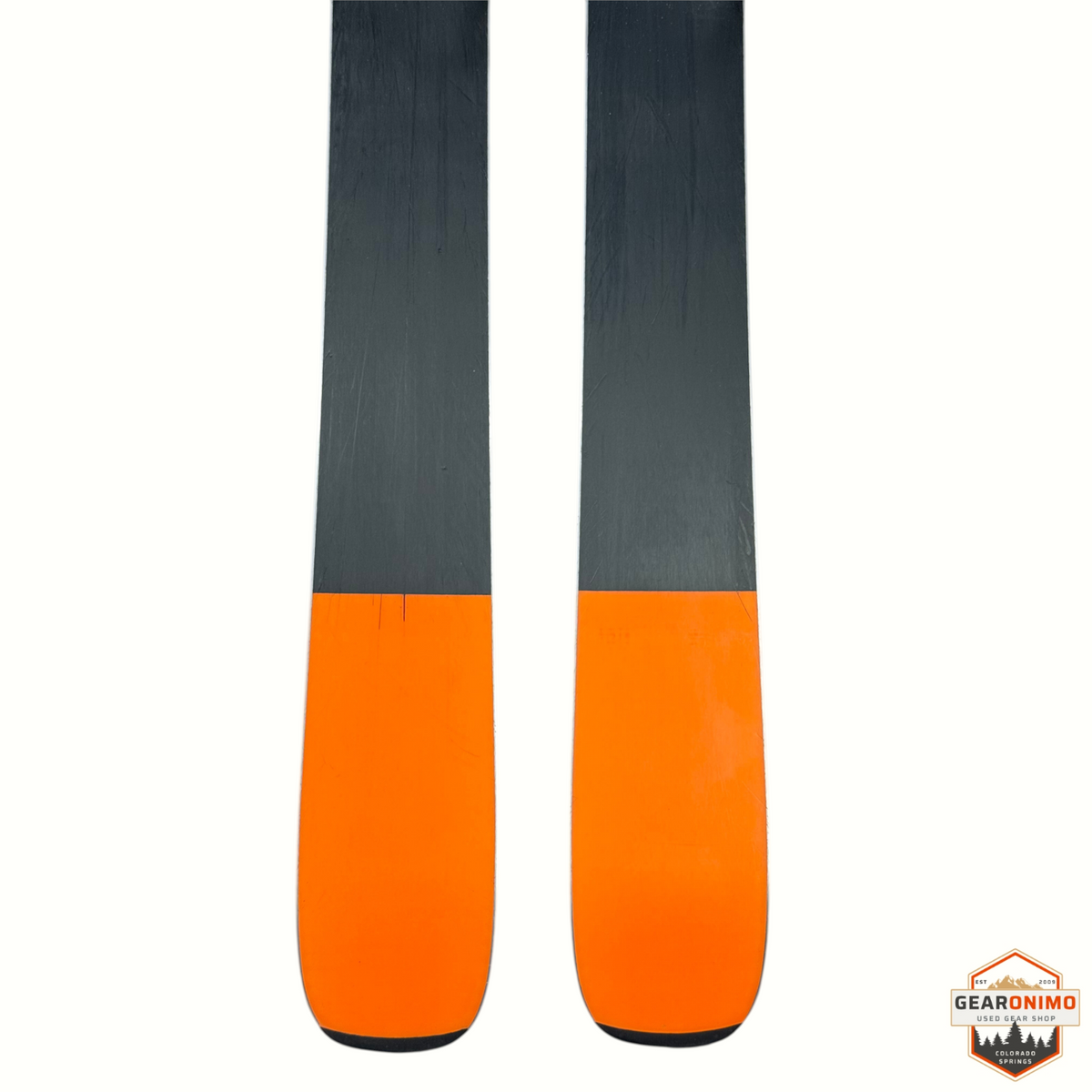 Gearonimo Sports Blizzard Anomaly 88 skis with black and bright orange base design, 164cm length.