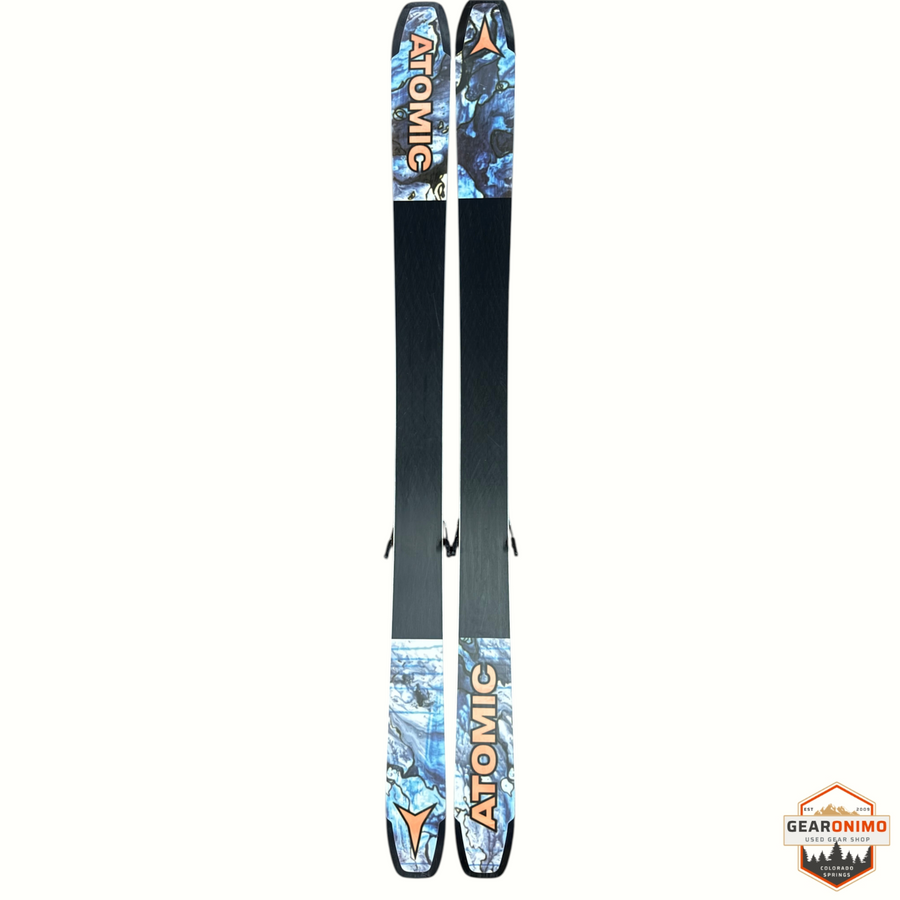 Gearonimo Sports Atomic Bent Chetler 100 skis with Strive 11 bindings featuring blue and white abstract graphic tips