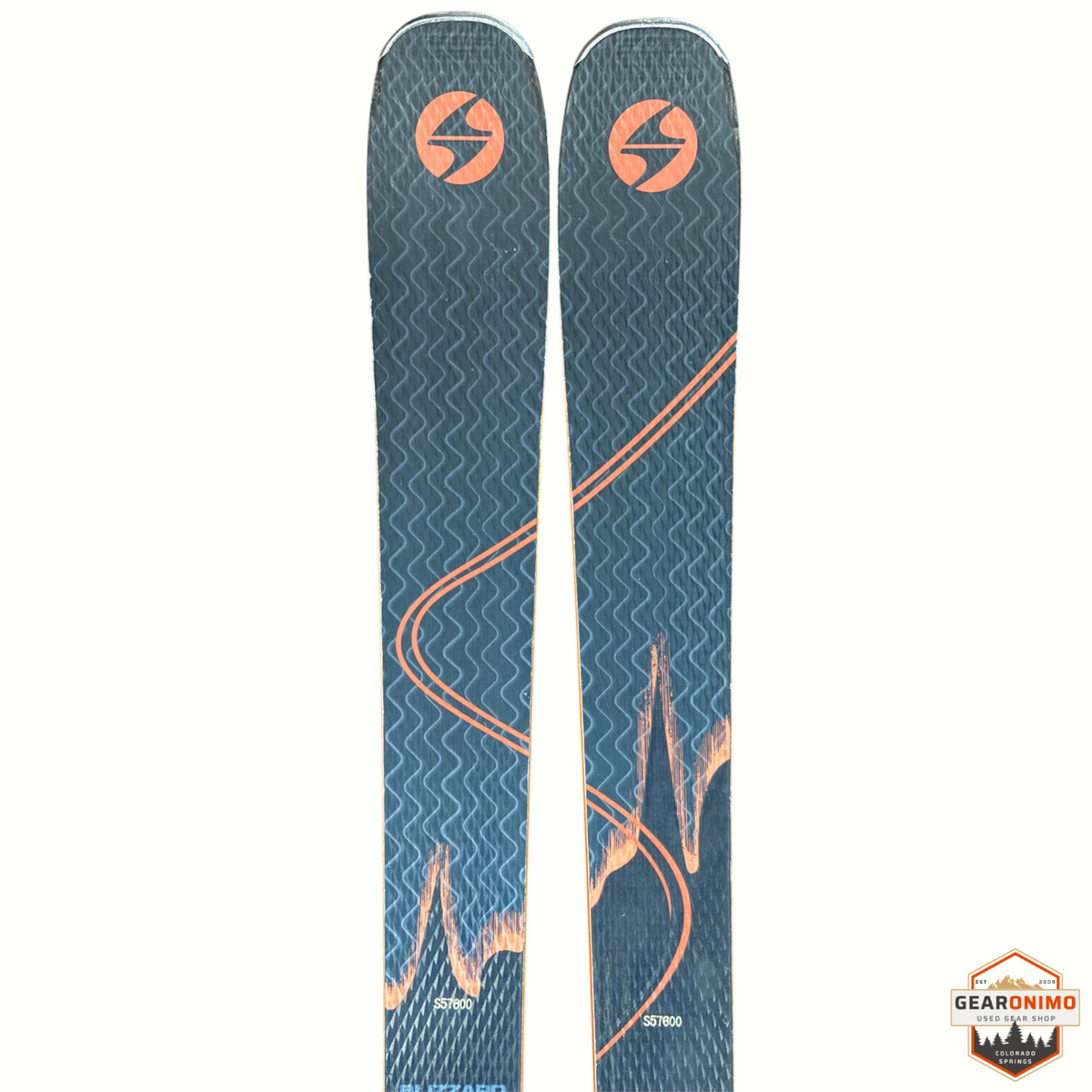 Gearonimo Sports Blizzard Anomaly 94 skis in black and orange with Salomon M11 bindings, 176cm length