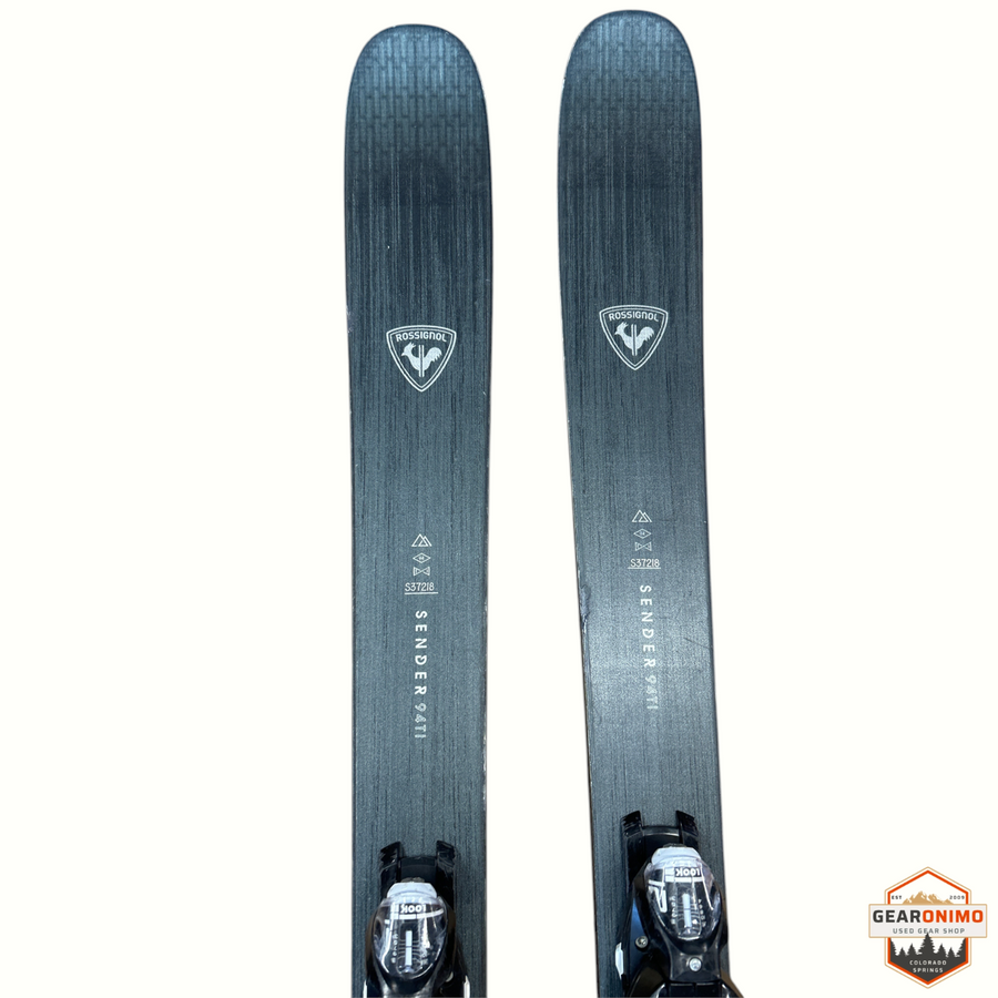 Gearonimo Sports Rossignol Sender 94ti skis in black with Look Nx12 bindings, 172 cm length, top-down view.