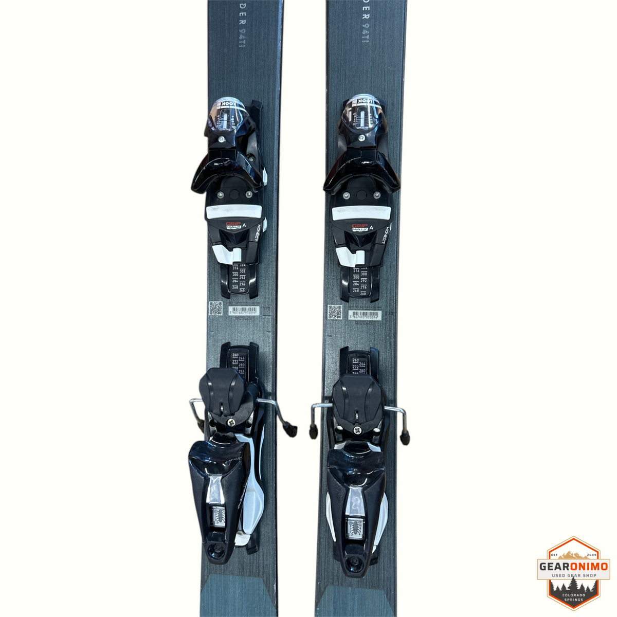 Gearonimo Sports Rossignol Sender 94ti skis in grey with pre-mounted black Look Nx12 bindings, 172 cm length.