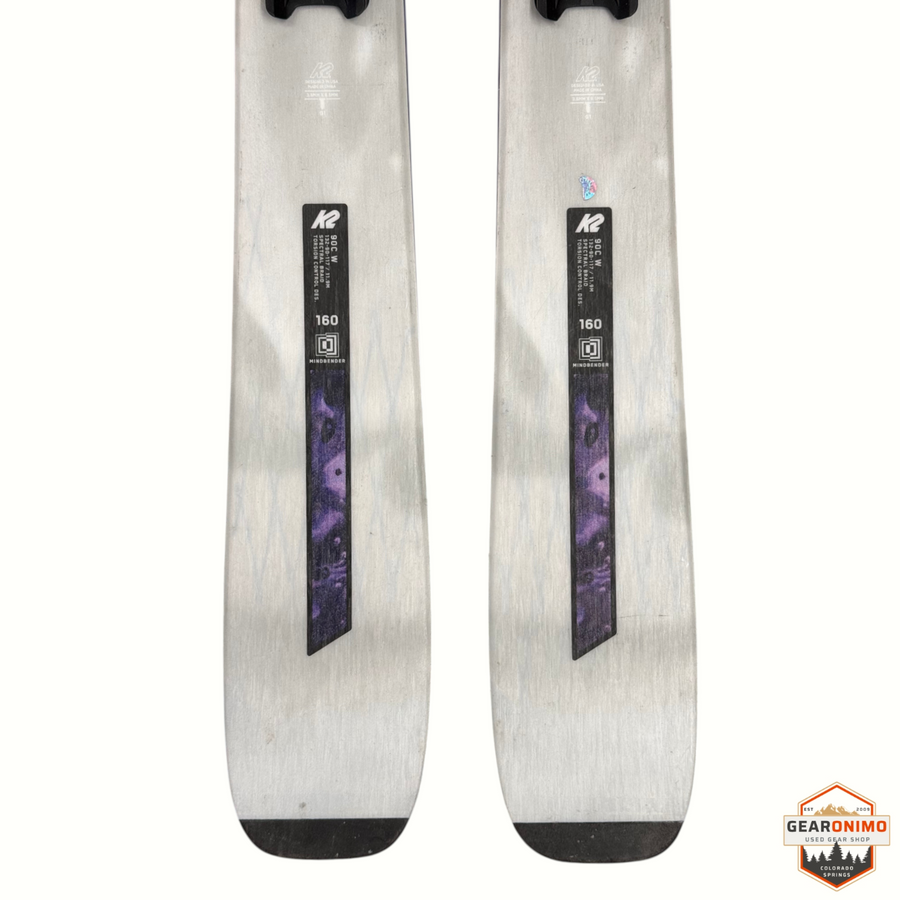 Gearonimo Sports K2 Mindbender 90c W skis in 160cm length with purple spectral braid detail on silver topsheet