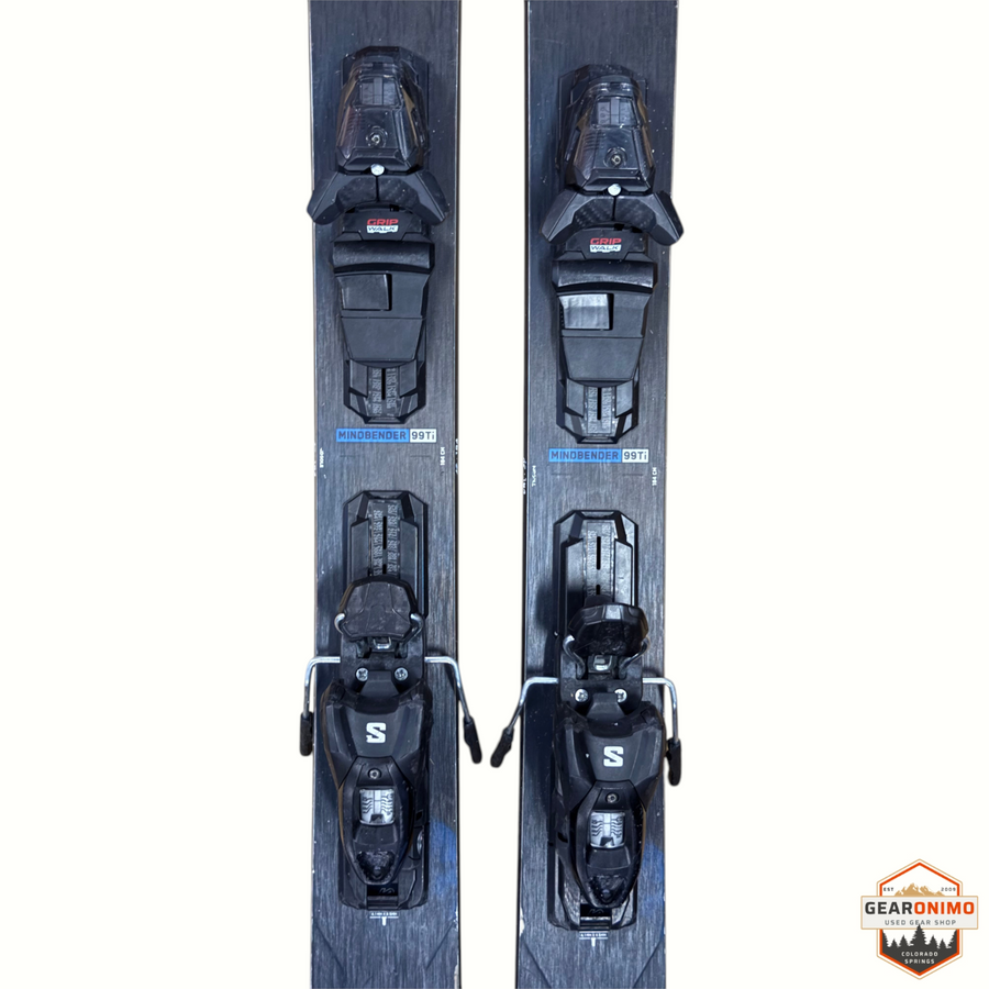 Gearonimo Sports K2 Mindbender 99ti skis in black with mounted Salomon M11 GripWalk bindings, 184cm length