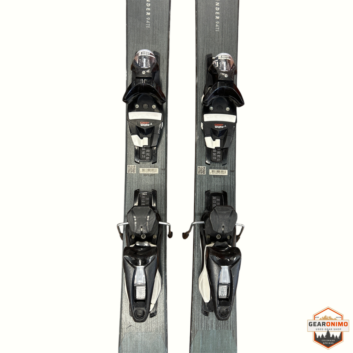 Gearonimo Sports Rossignol Sender 94ti skis in grey with pre-mounted black Look Nx12 bindings, 164 cm length.
