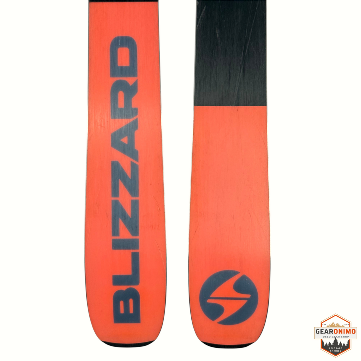Gearonimo Sports Blizzard Sheeva 9 skis in orange and black with logo branding, 150cm length.