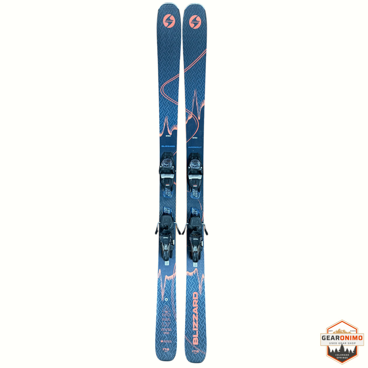 Gearonimo Sports Blizzard Anomaly 94 skis in blue with coral accents and pre-mounted Salomon M11 bindings, 176cm.