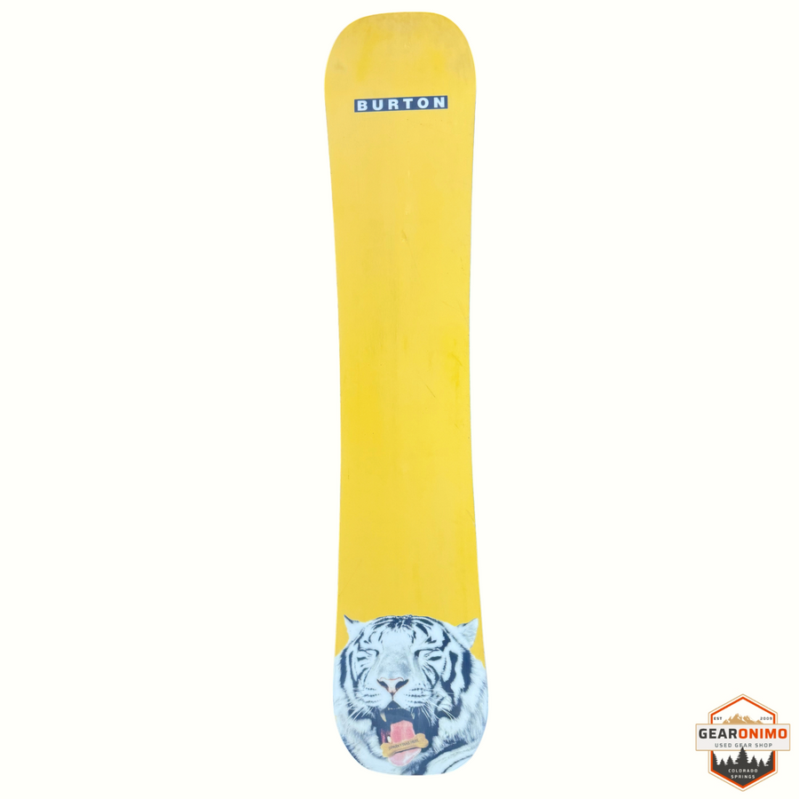 Gearonimo Sports Burton Process Flying V 155W snowboard in yellow with a white tiger graphic on the tail