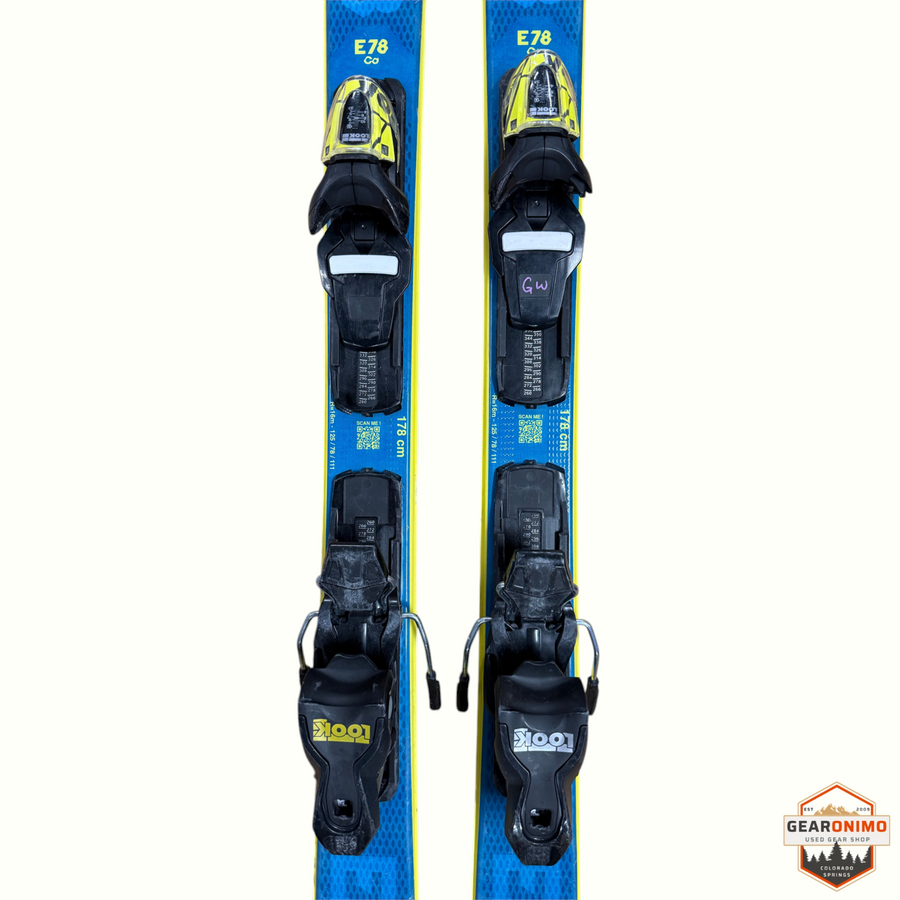 Gearonimo Sports Rossignol E78 Ca skis in blue and yellow with pre-mounted Look Xpress 11 bindings, 178 cm length.