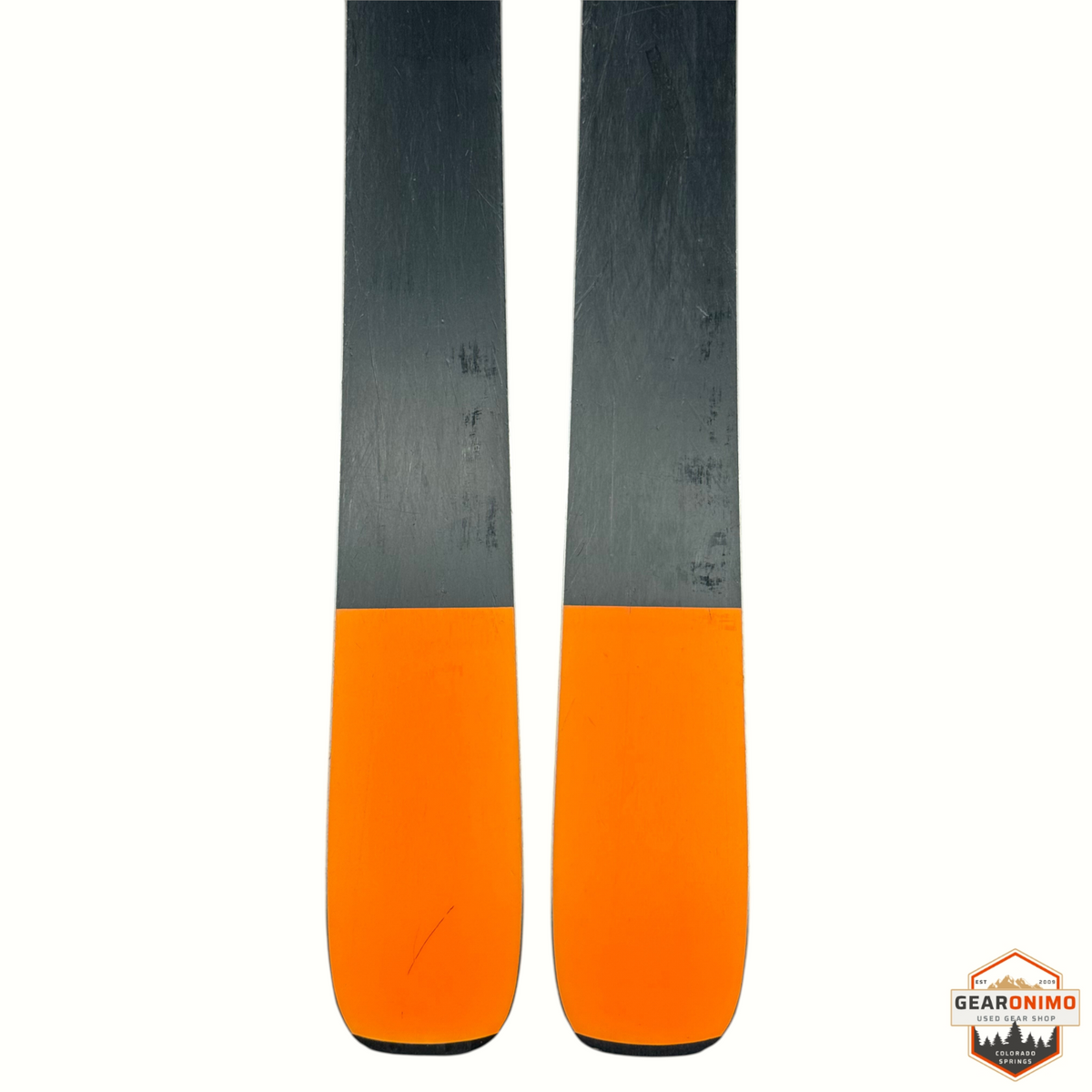 Gearonimo Sports Blizzard Anomaly 94 skis with orange tips and grey topsheets, 176cm length