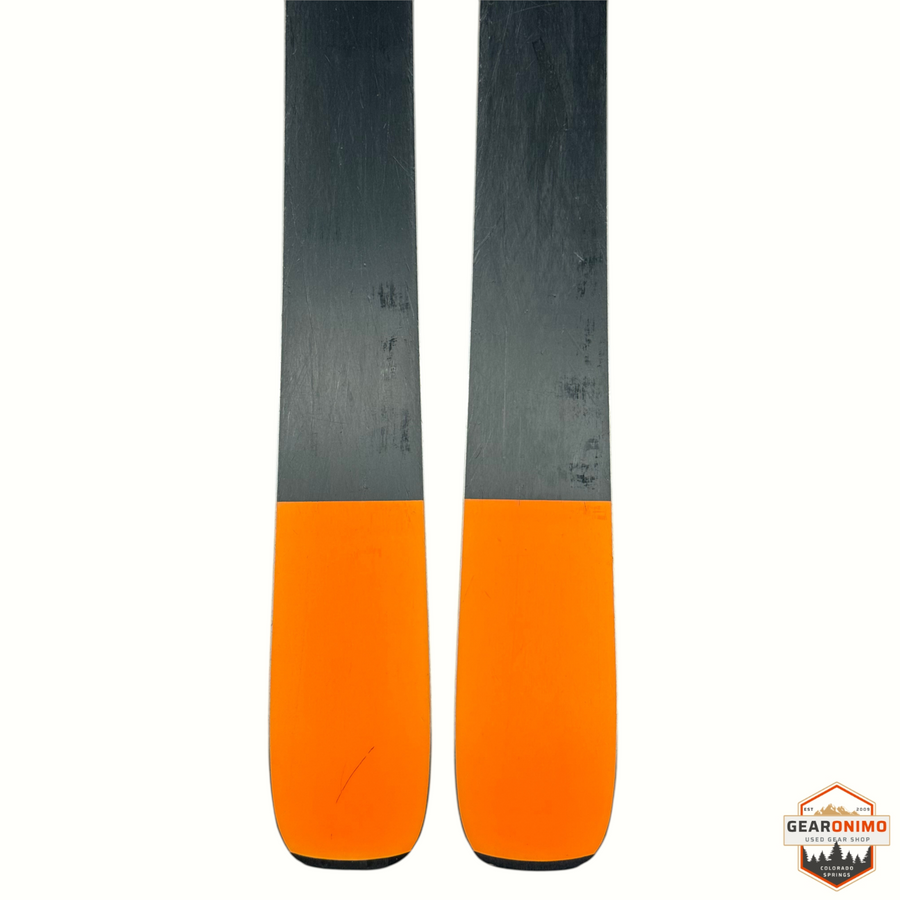 Gearonimo Sports Blizzard Anomaly 94 skis with orange tips and grey topsheets, 176cm length