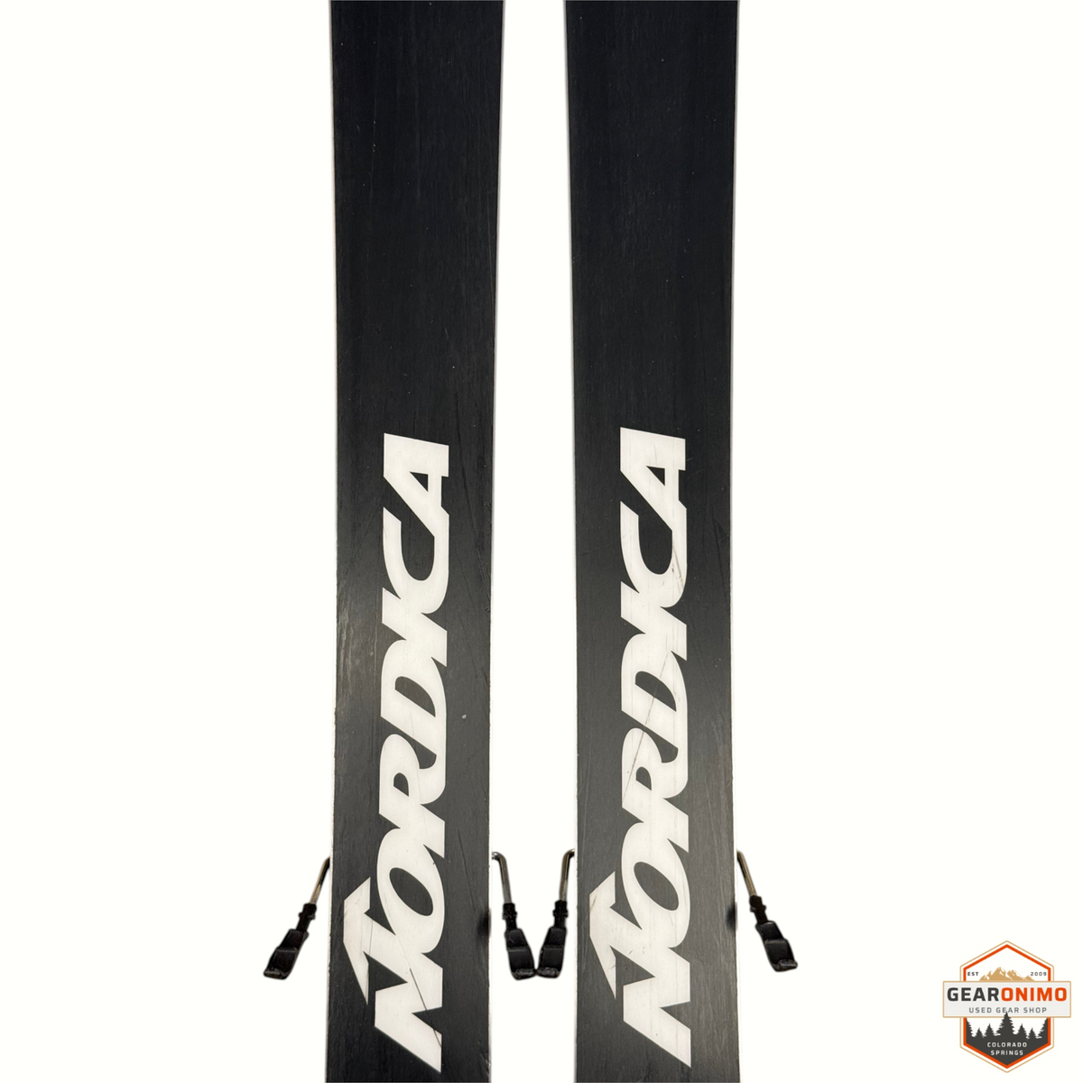 Gearonimo Sports Nordica Santa Ana 92 skis in black with white logo branding and Marker Squire 11 bindings