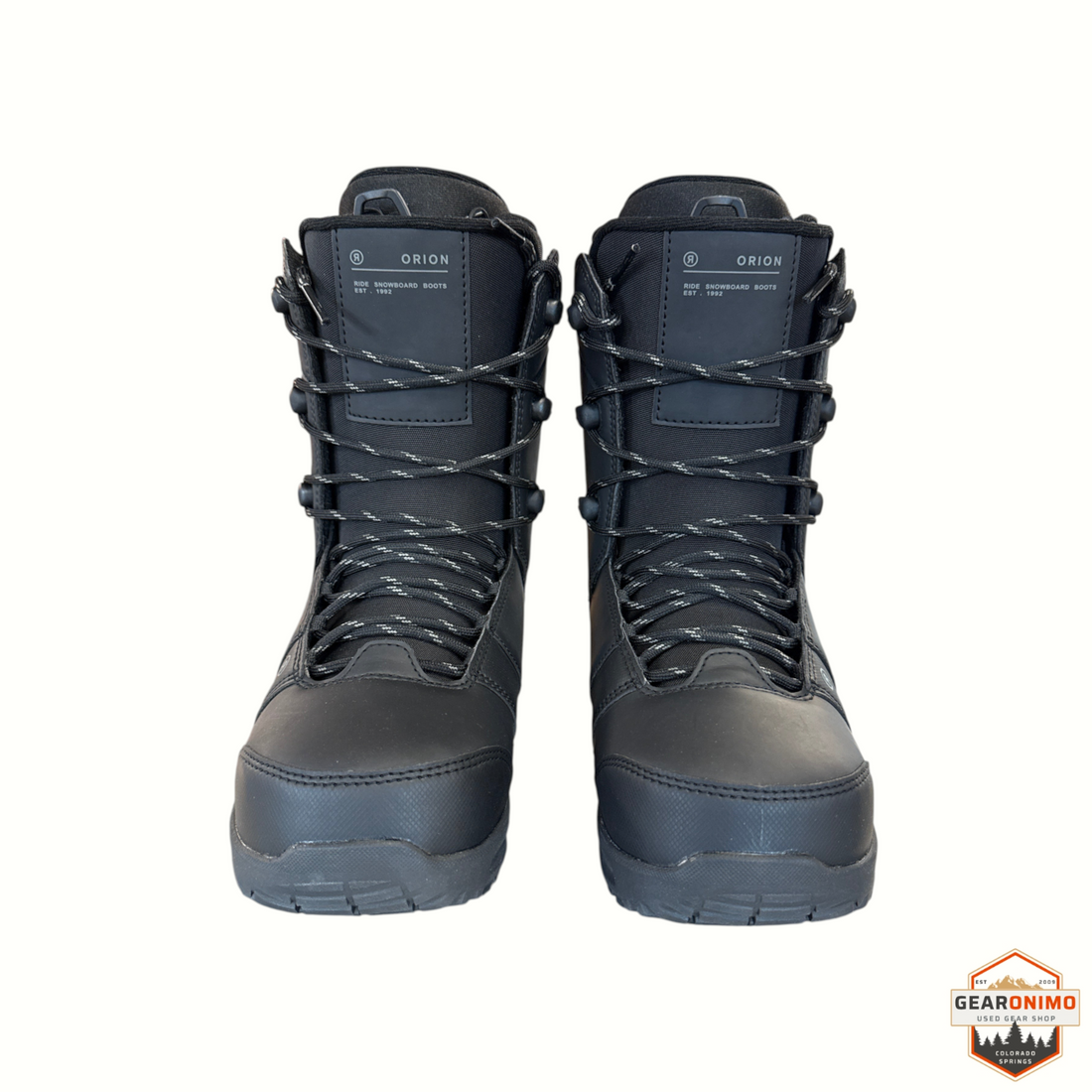 Gearonimo Sports Ride Orion 2026 black snowboard boots with traditional lacing system and durable synthetic shell
