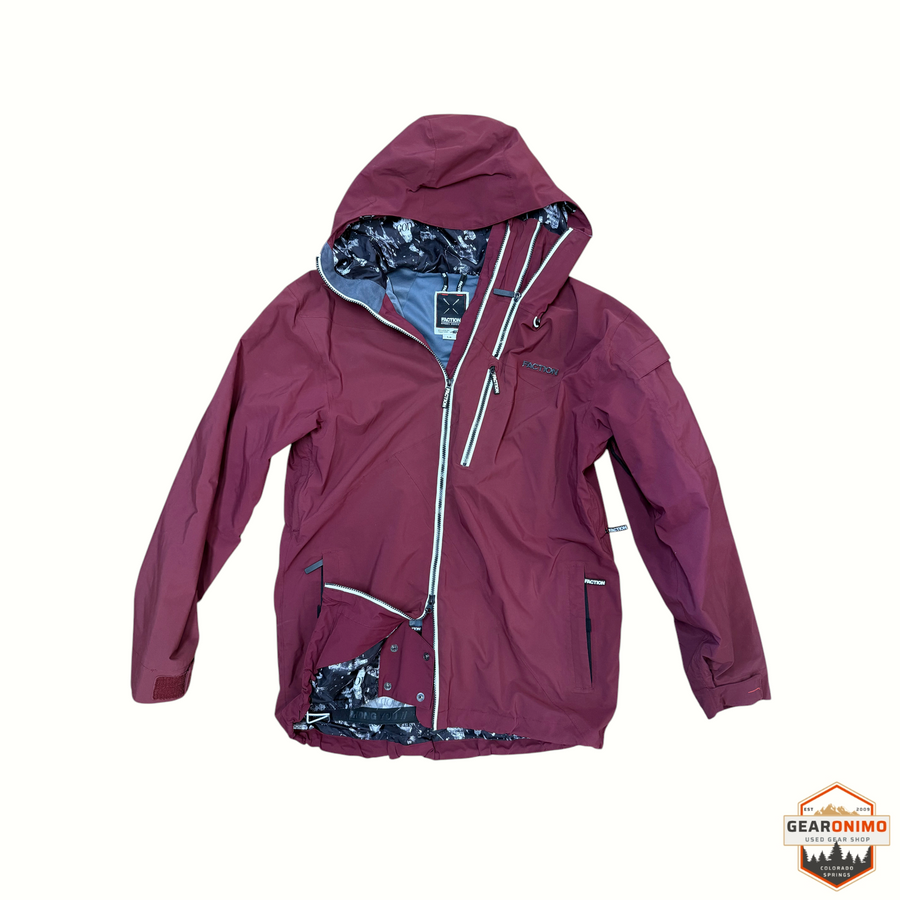Gearonimo Sports Faction Tako Sudo men's burgundy snow jacket with white zippers and patterned interior lining