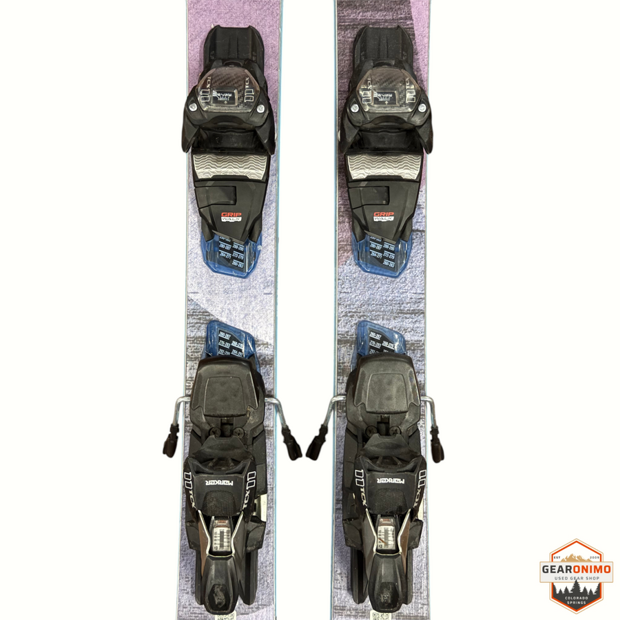 Gearonimo Sports Blizzard Black Pearl 88 skis with black Marker Tcx 11 Grip Walk bindings, top-down view.