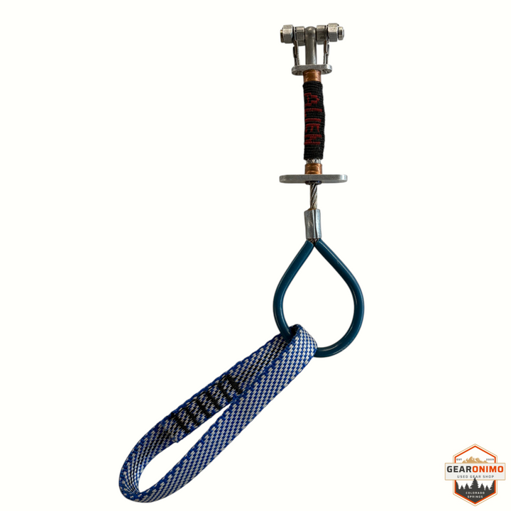 Gearonimo Sports blue Alien Cam climbing protection device with a durable nylon sling and metal camming head.