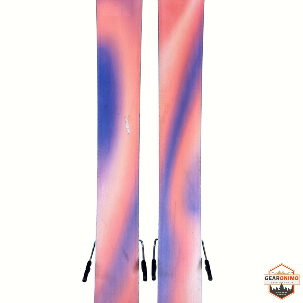 Gearonimo Sports Salomon Qst 94 skis with Strive 11 bindings featuring a vibrant orange and purple gradient base