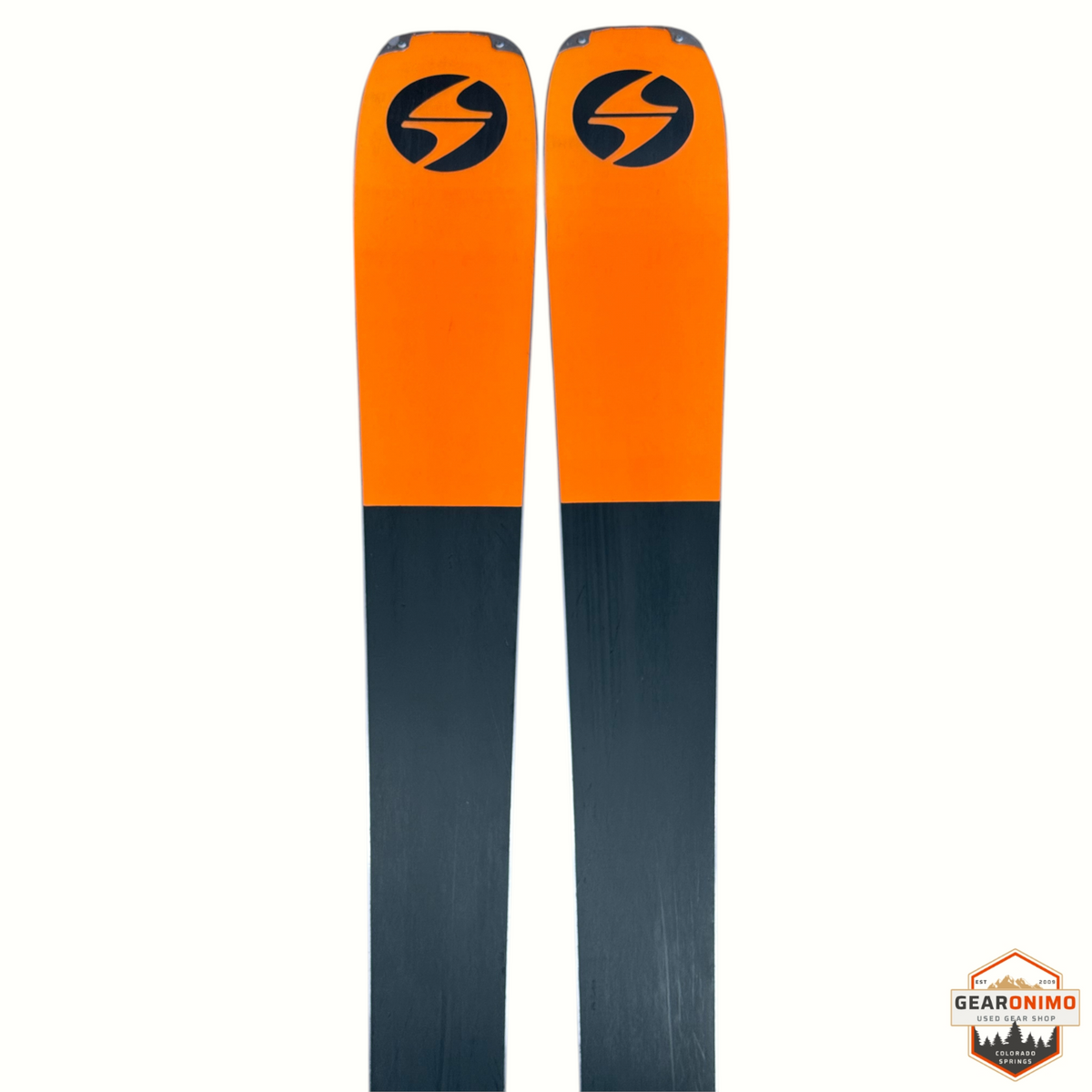 Gearonimo Sports Blizzard Anomaly 88 skis with orange tips and black bases, size 164cm, shown from the top down.