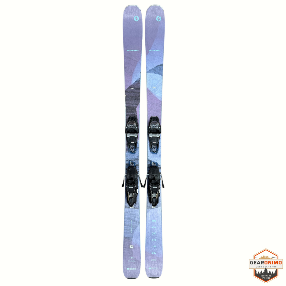 Gearonimo Sports Blizzard Black Pearl 88 skis in purple with Marker Tcx 11 bindings, size 164cm, top-down view.
