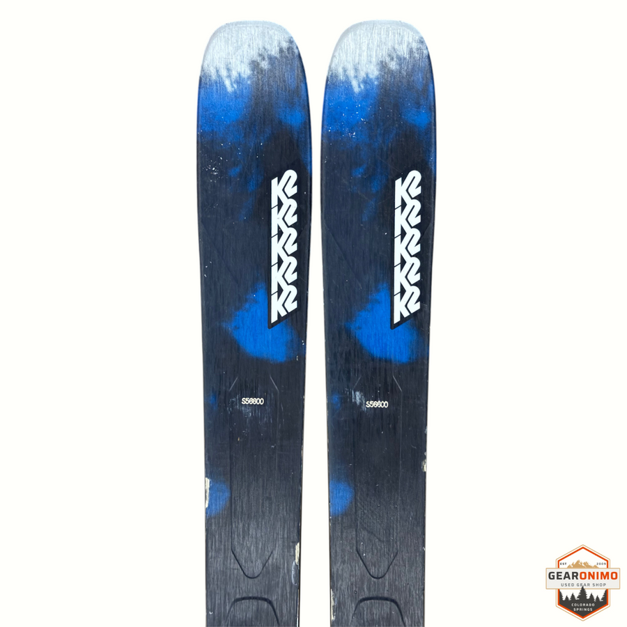 Gearonimo Sports K2 Mindbender 99ti skis featuring a blue and black abstract design with white K2 branding