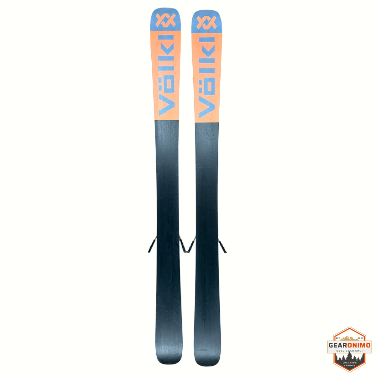 Gearonimo Sports Völkl Secret 92 skis with Tyrolia SP 10 bindings, featuring a peach and black design, 149cm length.