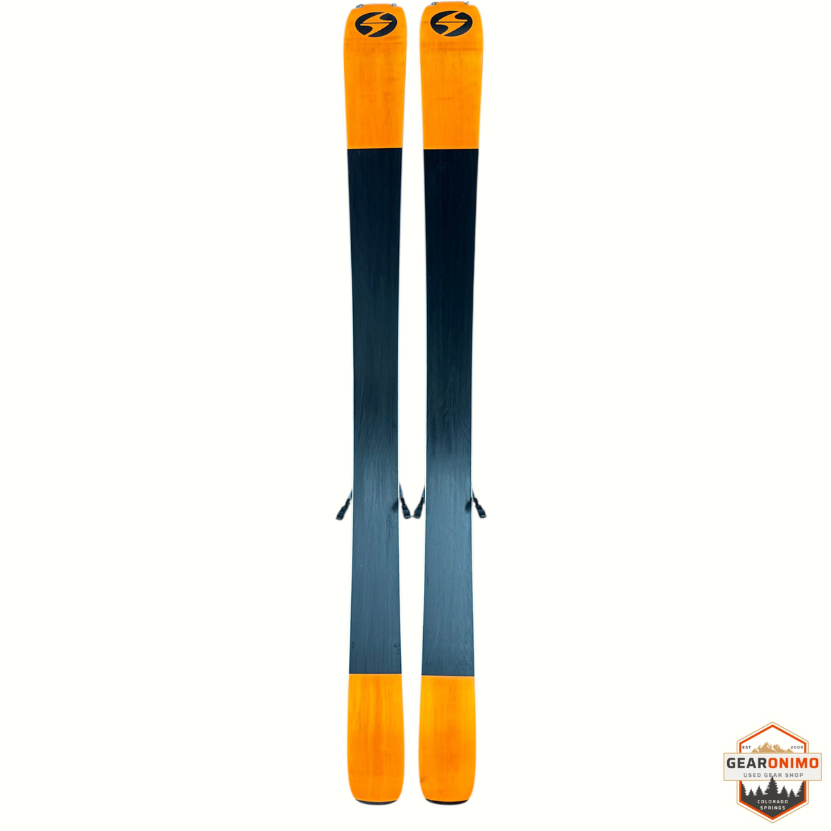 Gearonimo Sports Blizzard Black Pearl 88 skis in black and orange with Marker Tcx 11 bindings, top-down view.