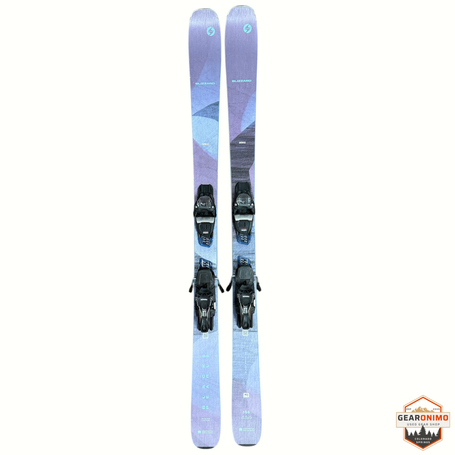Gearonimo Sports Blizzard Black Pearl 88 skis in purple and grey with pre-mounted Marker Tcx 11 bindings
