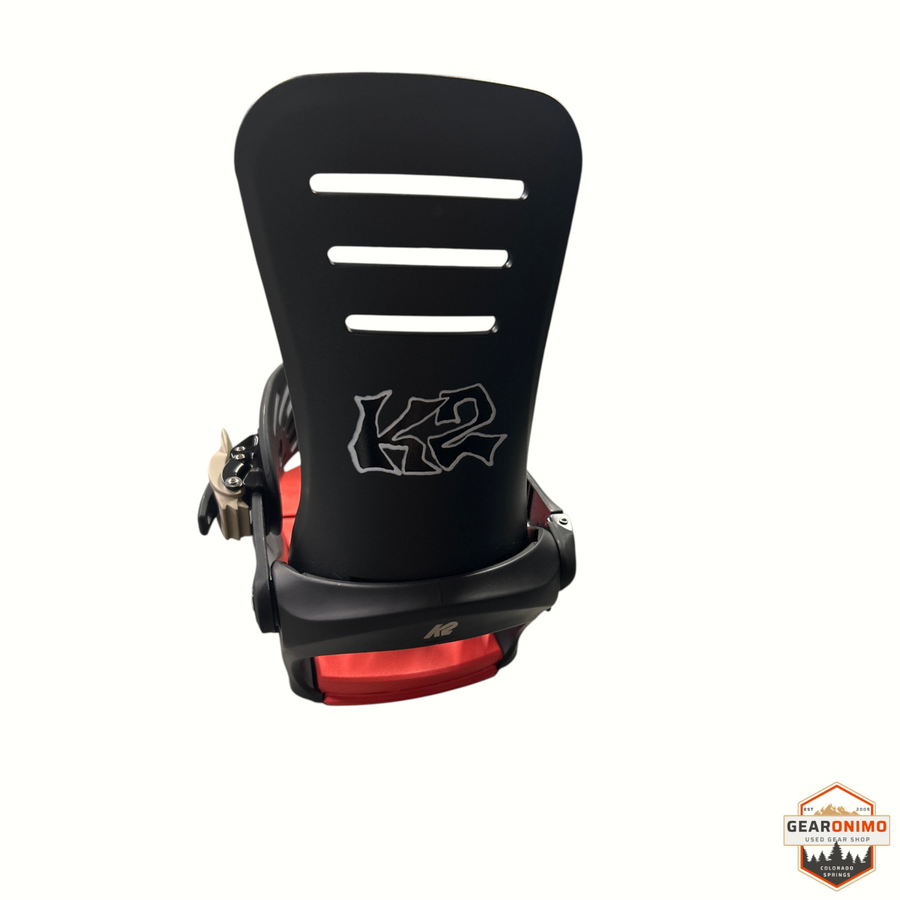 Gearonimo Sports K2 Formula snowboard binding featuring a black AT Nylon highback with K2 logo and red base plate