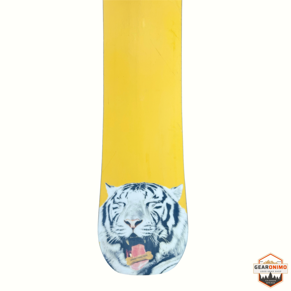 Gearonimo Sports Burton Process Flying V snowboard featuring a yellow base with a white tiger graphic on the tail