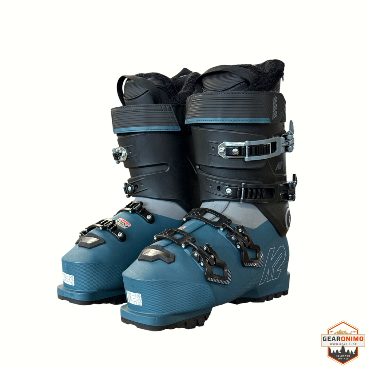 Gearonimo Sports K2 BFC W 95 women's ski boots in blue and black with adjustable buckles and plush liners.