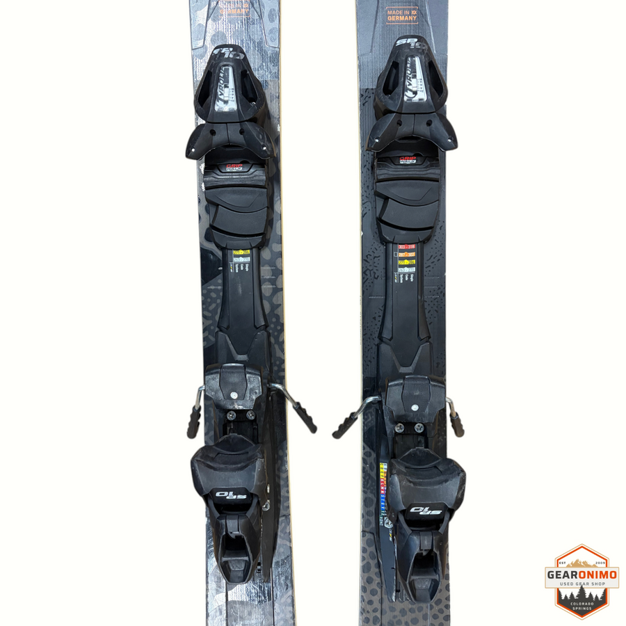 Gearonimo Sports Völkl Secret 92 skis in 149cm length with black Tyrolia SP 10 bindings, top-down view.