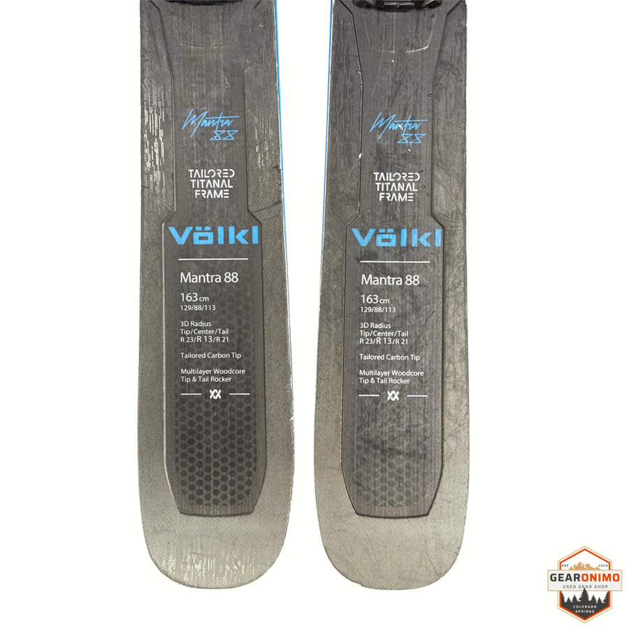 Gearonimo Sports Völkl Mantra 88 skis in 163cm length featuring Tailored Titanal Frame and multilayer woodcore design.
