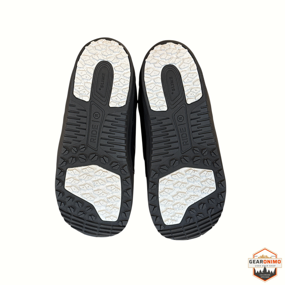 Gearonimo Sports Ride Rook snowboard boot outsoles featuring black rubber and white traction grip patterns