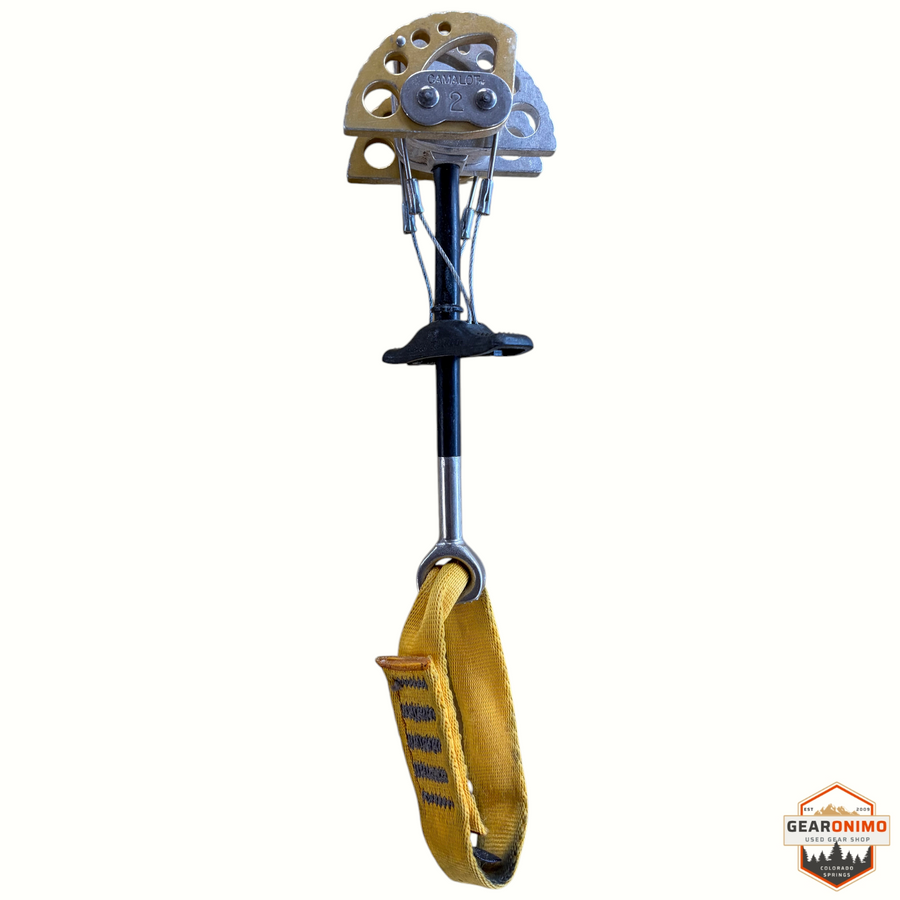 Gearonimo Sports Black Diamond Camalot C4 size 2 climbing cam with yellow nylon sling and metal lobes