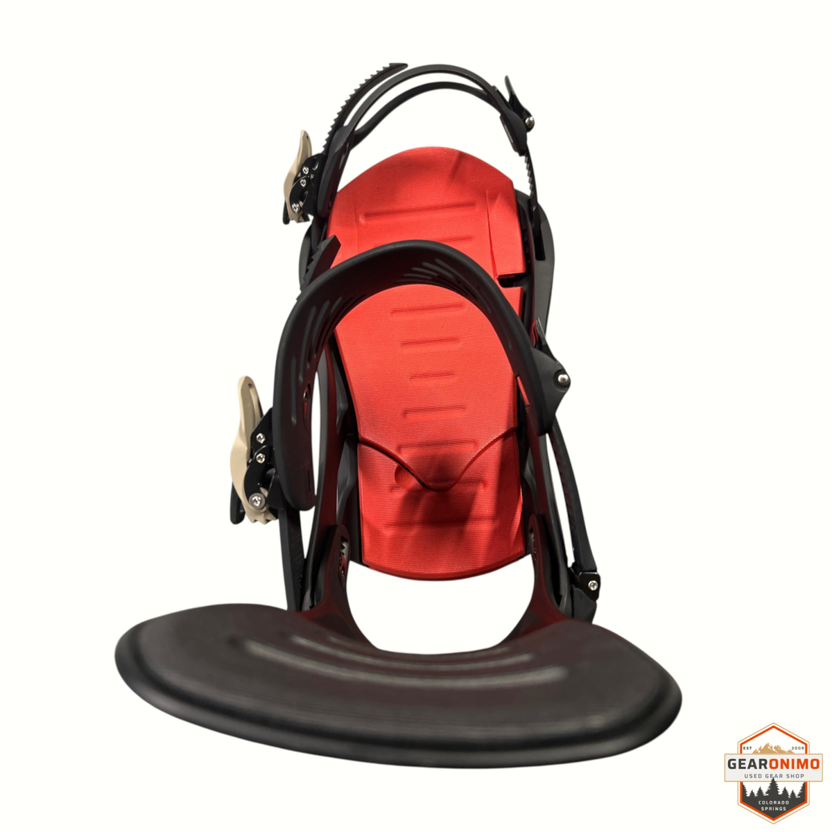 Gearonimo Sports K2 Formula snowboard binding in black and red with a canted footbed and adjustable straps