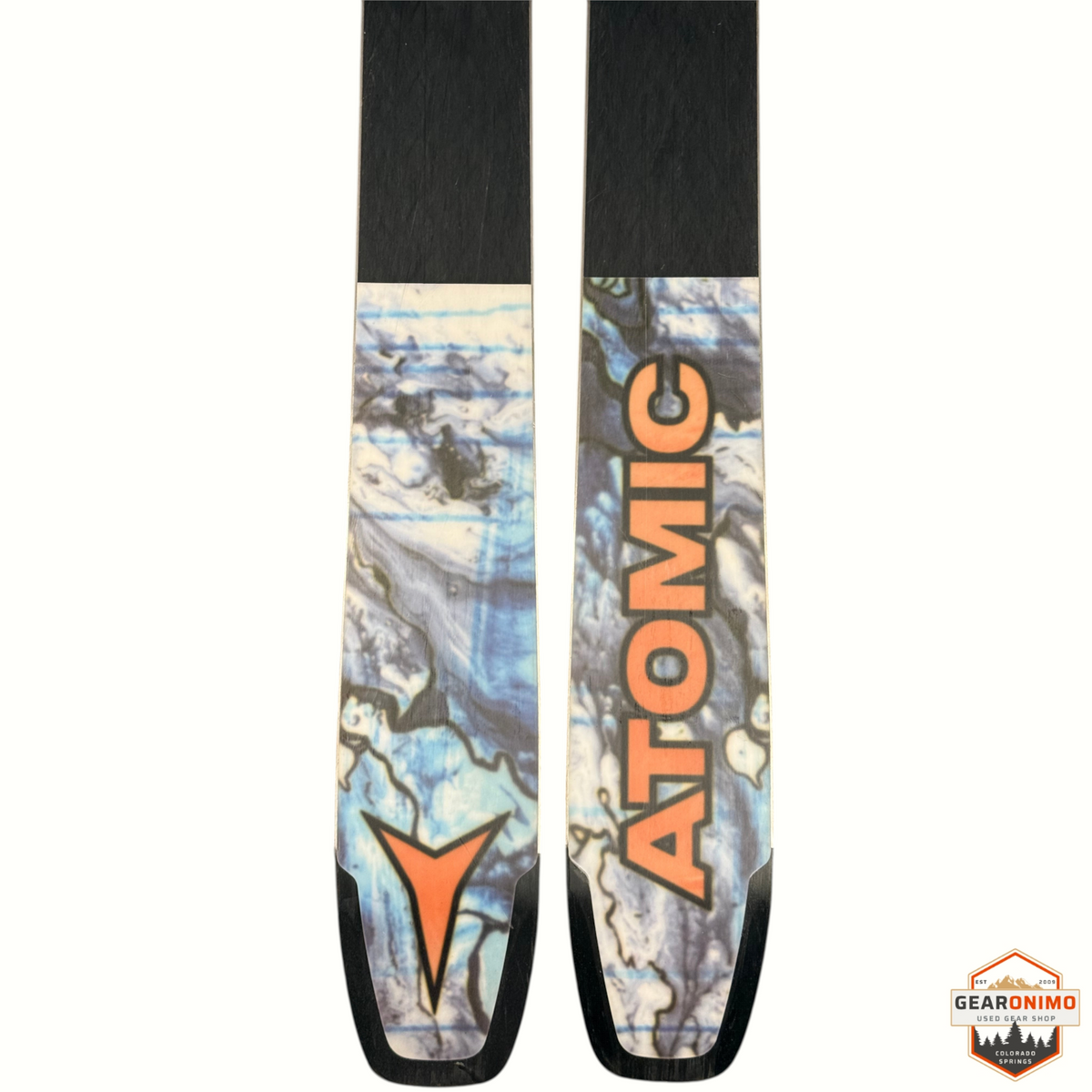 Gearonimo Sports Atomic Bent Chetler 100 skis featuring blue and white marble graphic with orange Atomic branding
