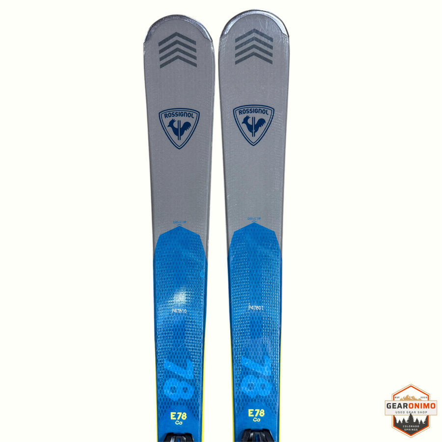 Gearonimo Sports Rossignol E78 Ca skis in grey and blue with Look Xpress 11 bindings, 178 cm length