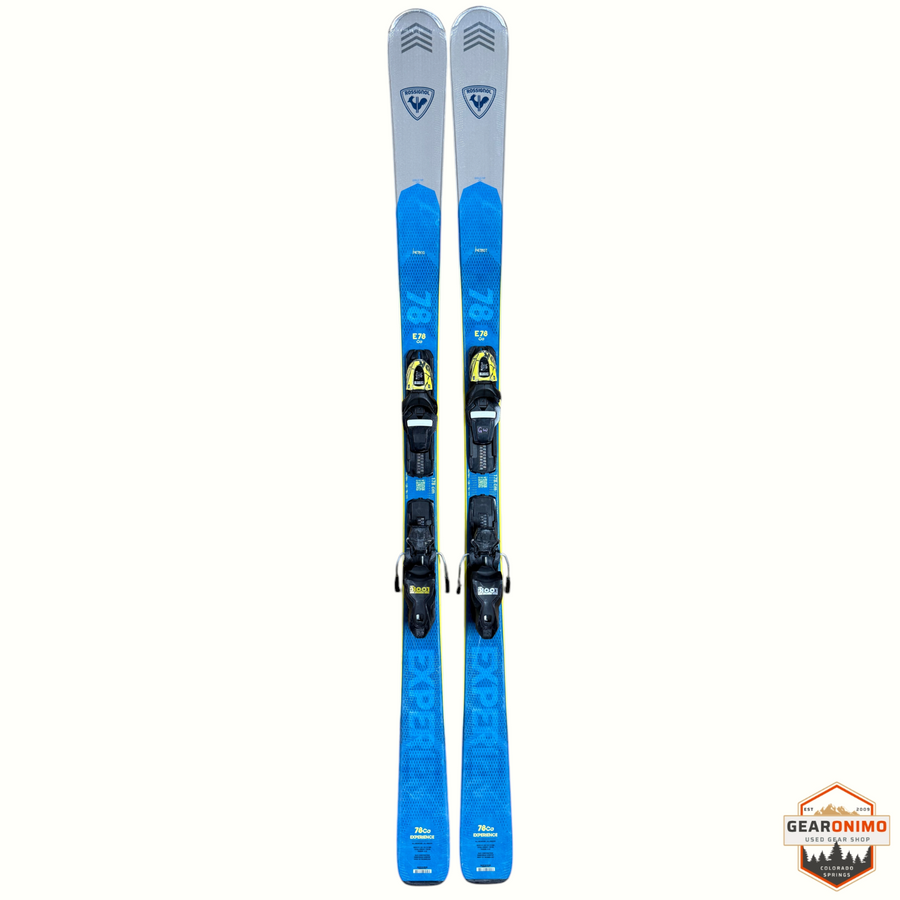 Gearonimo Sports Rossignol E78 Ca skis in blue and grey with pre-mounted Look Xpress 11 bindings, 178 cm length.