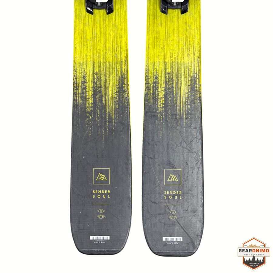 Gearonimo Sports Rossignol Sender Soul 102 skis in yellow and black with Look Nx 12 bindings, 164cm length.