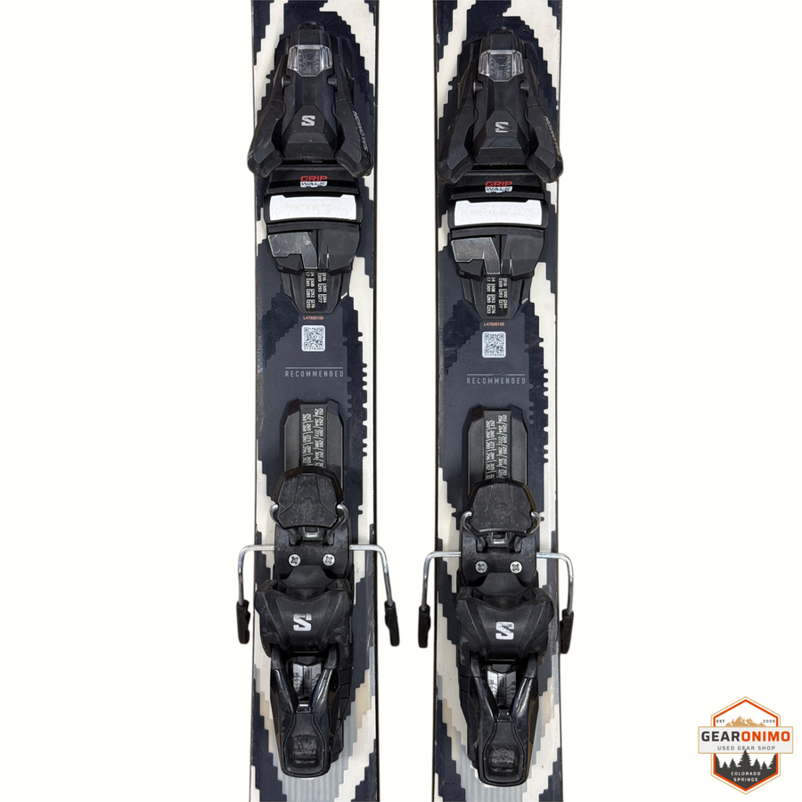 Gearonimo Sports Salomon Qst 94 skis with black Strive 11 bindings featuring a geometric black and white pattern
