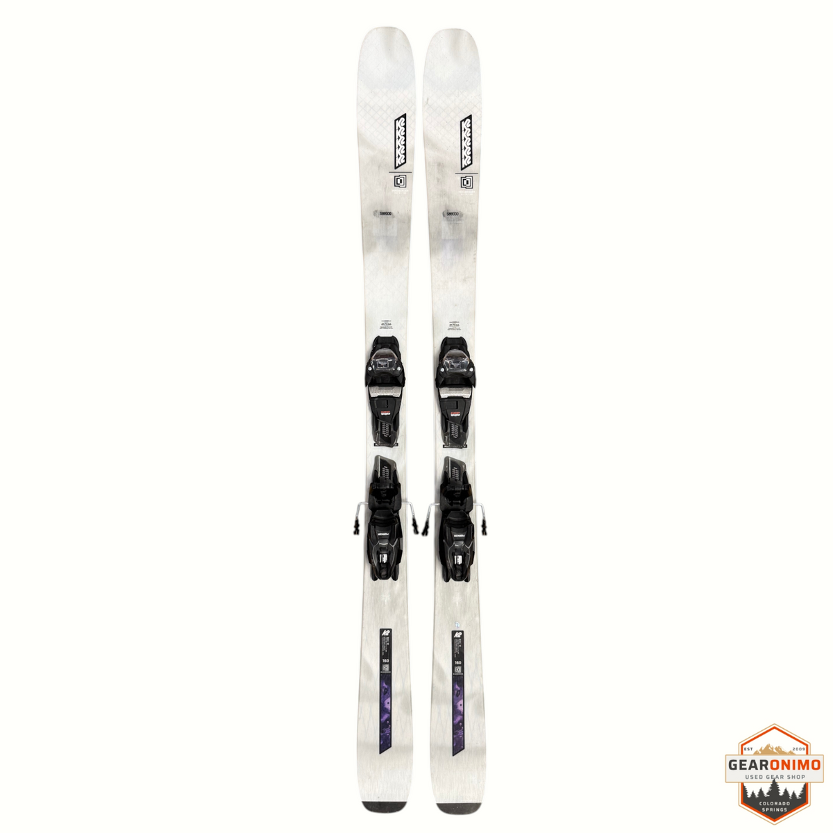 Gearonimo Sports K2 Mindbender 90c W skis in white with Marker M3 10 bindings, size 160cm, top-down view.