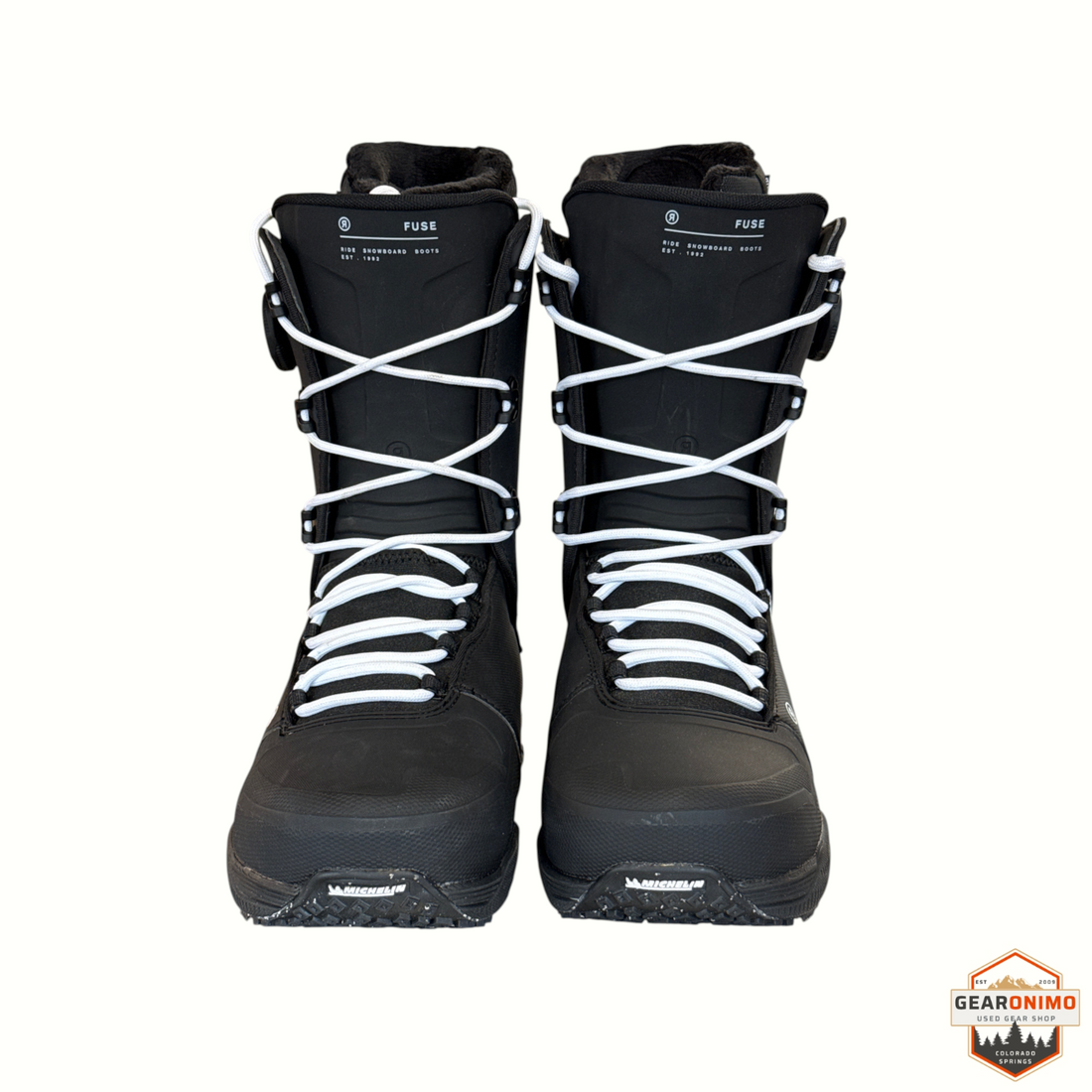 Gearonimo Sports Ride Fuse snowboard boots in black with white laces and Michelin outsoles, front view.