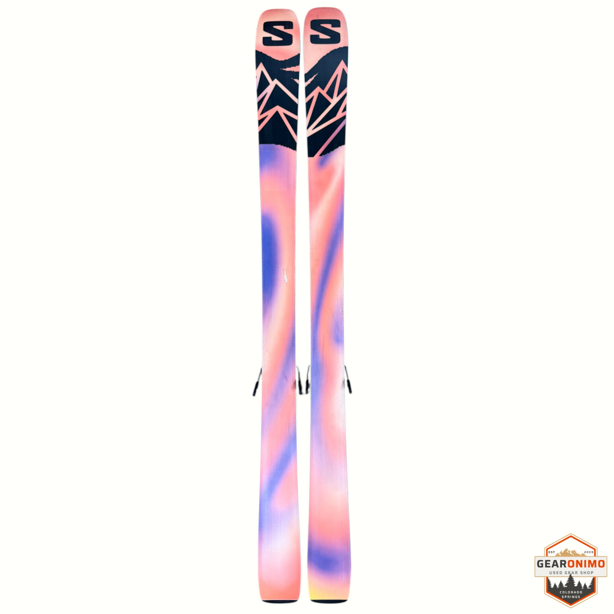 Gearonimo Sports Salomon Qst 94 skis with Strive 11 bindings featuring a vibrant orange and purple gradient design