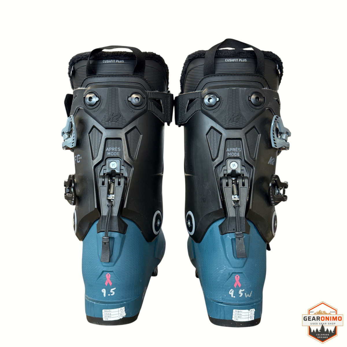 Gearonimo Sports K2 BFC W 95 women's ski boots in black and blue with Cushfit Plus liners and Apres Mode walk feature.