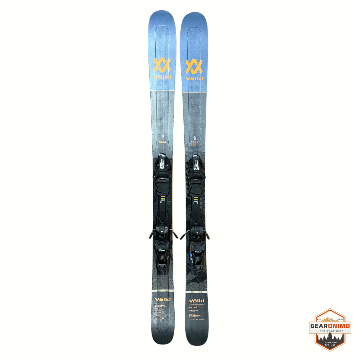 Gearonimo Sports Völkl Secret 92 skis in blue and grey with Tyrolia Sp 10 bindings, 149cm length, top-down view.