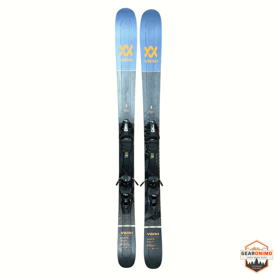Gearonimo Sports Völkl Secret 92 skis in blue and grey with Tyrolia Sp 10 bindings, 149cm length, top-down view.