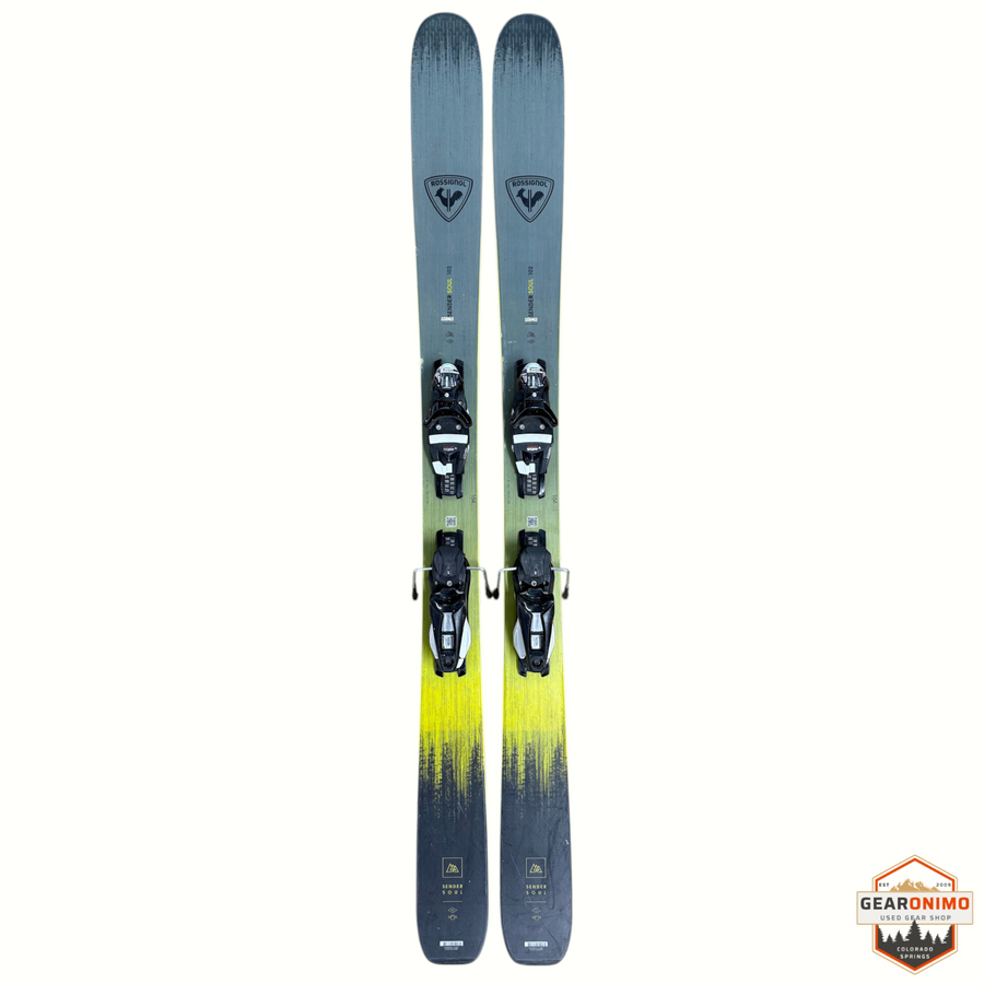 Gearonimo Sports Rossignol Sender Soul 102 skis in grey and yellow with pre-mounted Look Nx 12 bindings, 164cm length.