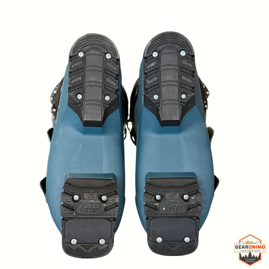 Gearonimo Sports K2 BFC W 95 women's ski boots showing the blue shell and black GripWalk soles from a bottom view