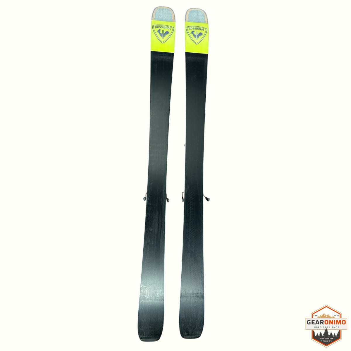Gearonimo Sports Rossignol Sender 94ti skis with Look Nx12 bindings in black with yellow tips, 164 cm length.